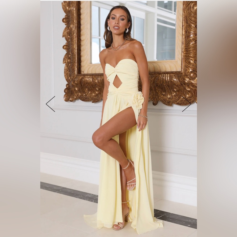 HELLO MOLLY SECRET ROSE STRAPLESS MAXI DRESS BUTTER. YELLOW BRIDESMAID DRESS